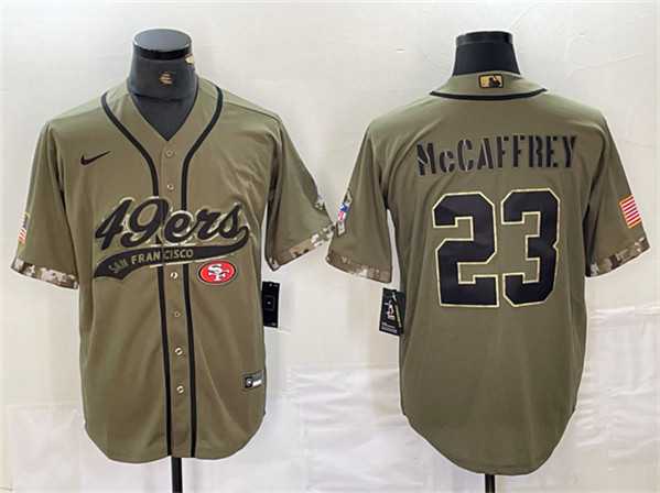 Men%27s San Francisco 49ers #23 Christian McCaffrey Olive Salute to Service With Patch Cool Base Stitched Baseball Jersey->san francisco 49ers->NFL Jersey